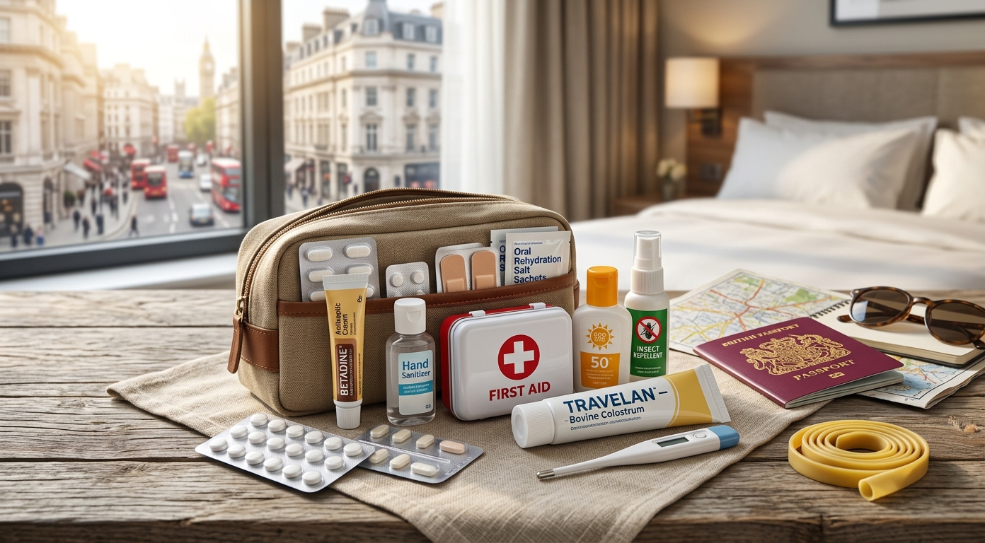 Travel health essentials, pharmacy products, Travelan, and a yellow therapy band for travel preparation
